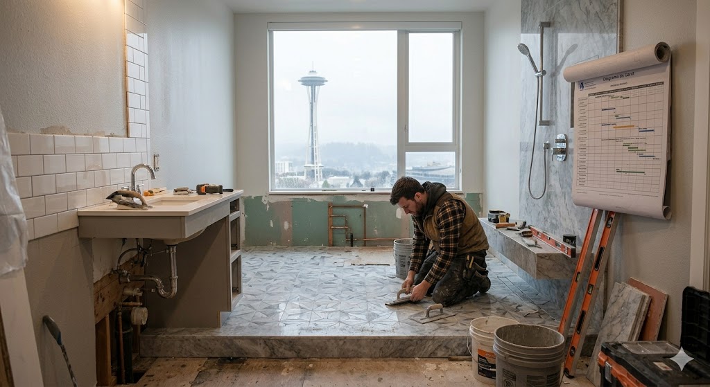 A documentary-style photo of an active bathroom renovation in a Seattle craftsman home.